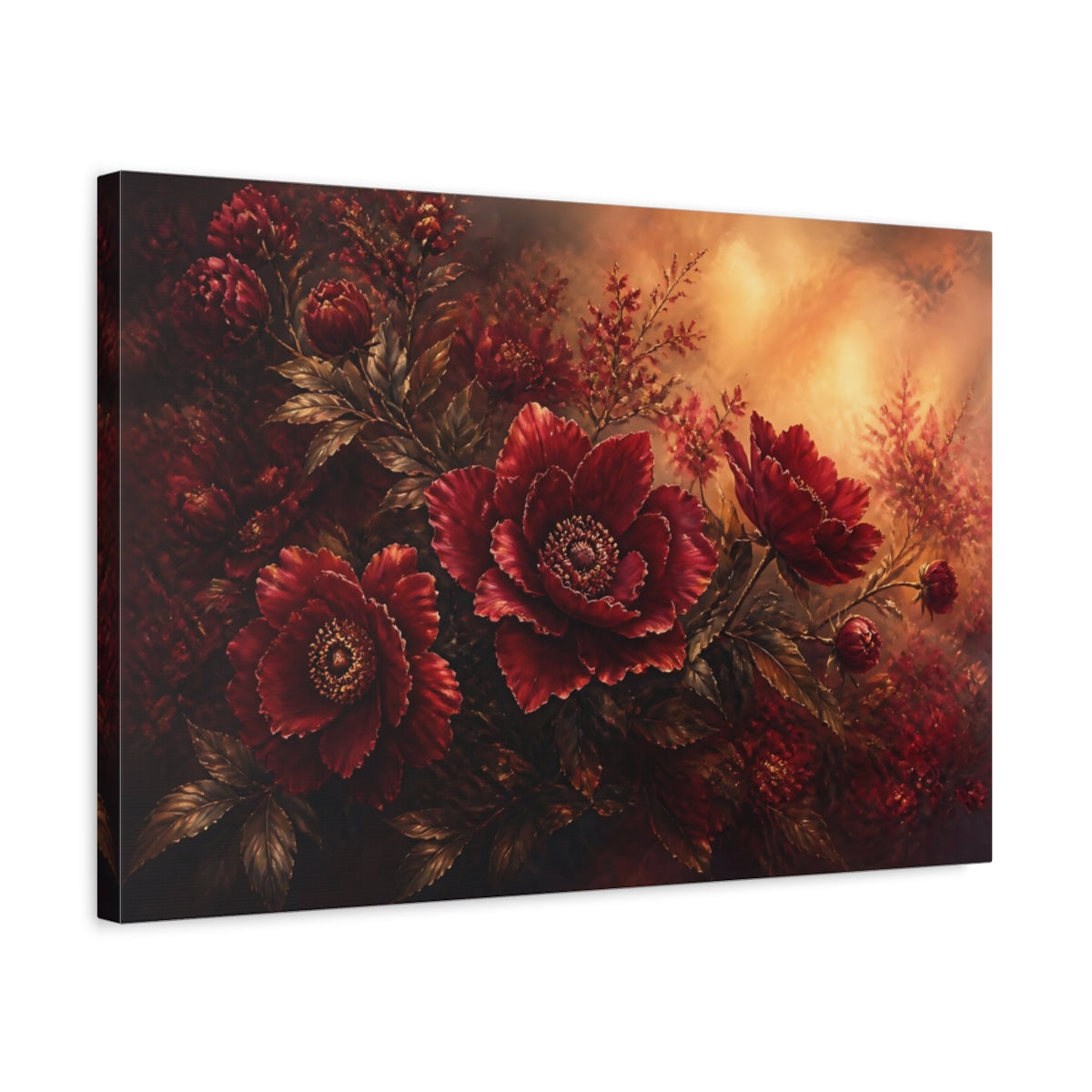 Side Mockup 3. Deep Ruby Peony Bouquet shown as canvas print