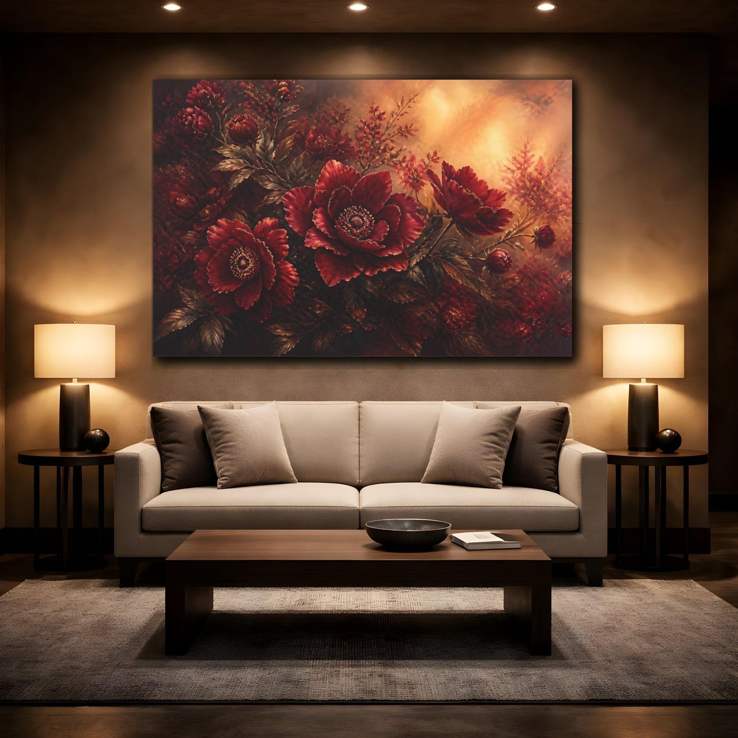 Mockup 2. Deep Ruby Peony Bouquet shown as canvas print