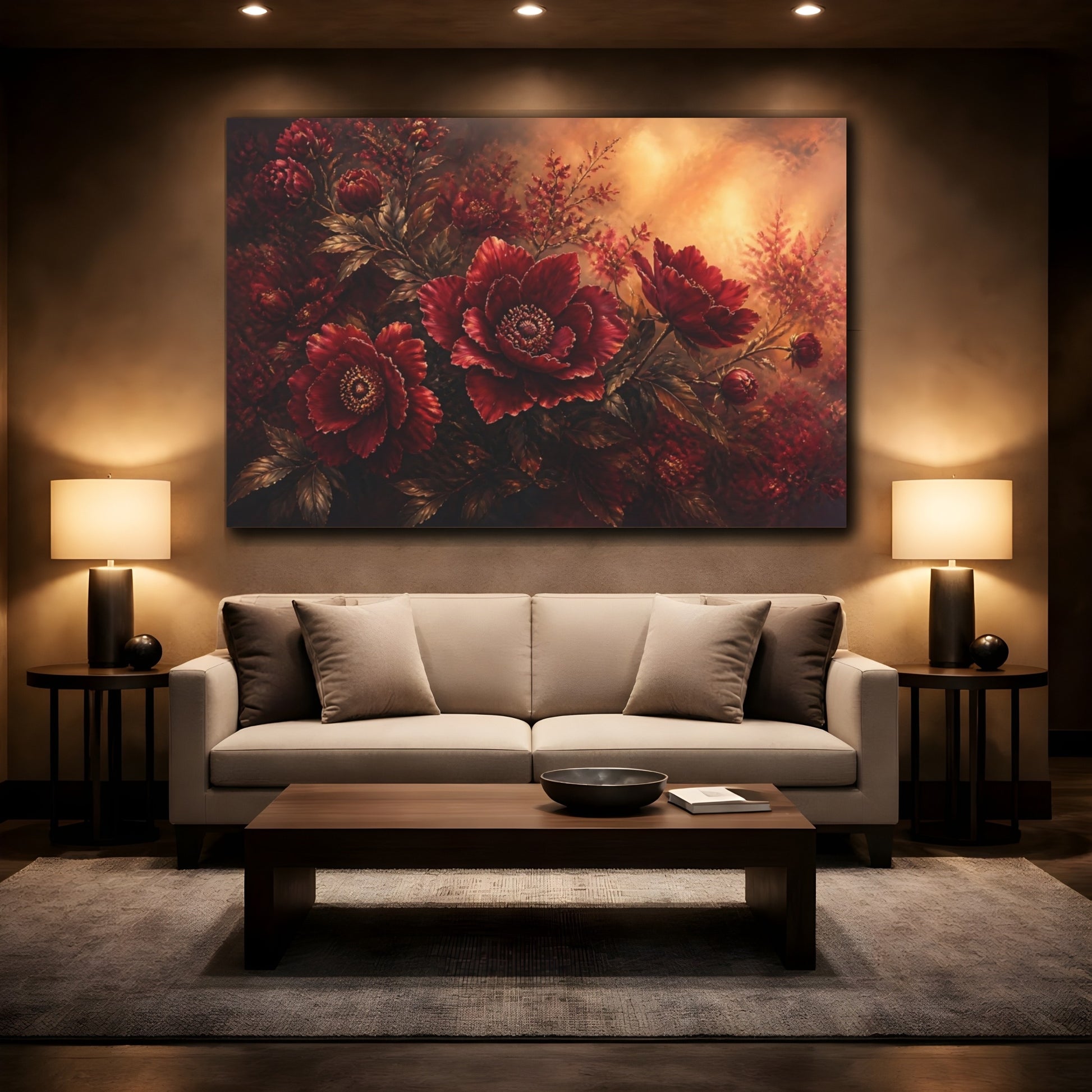 Mockup 2. Deep Ruby Peony Bouquet shown as canvas print