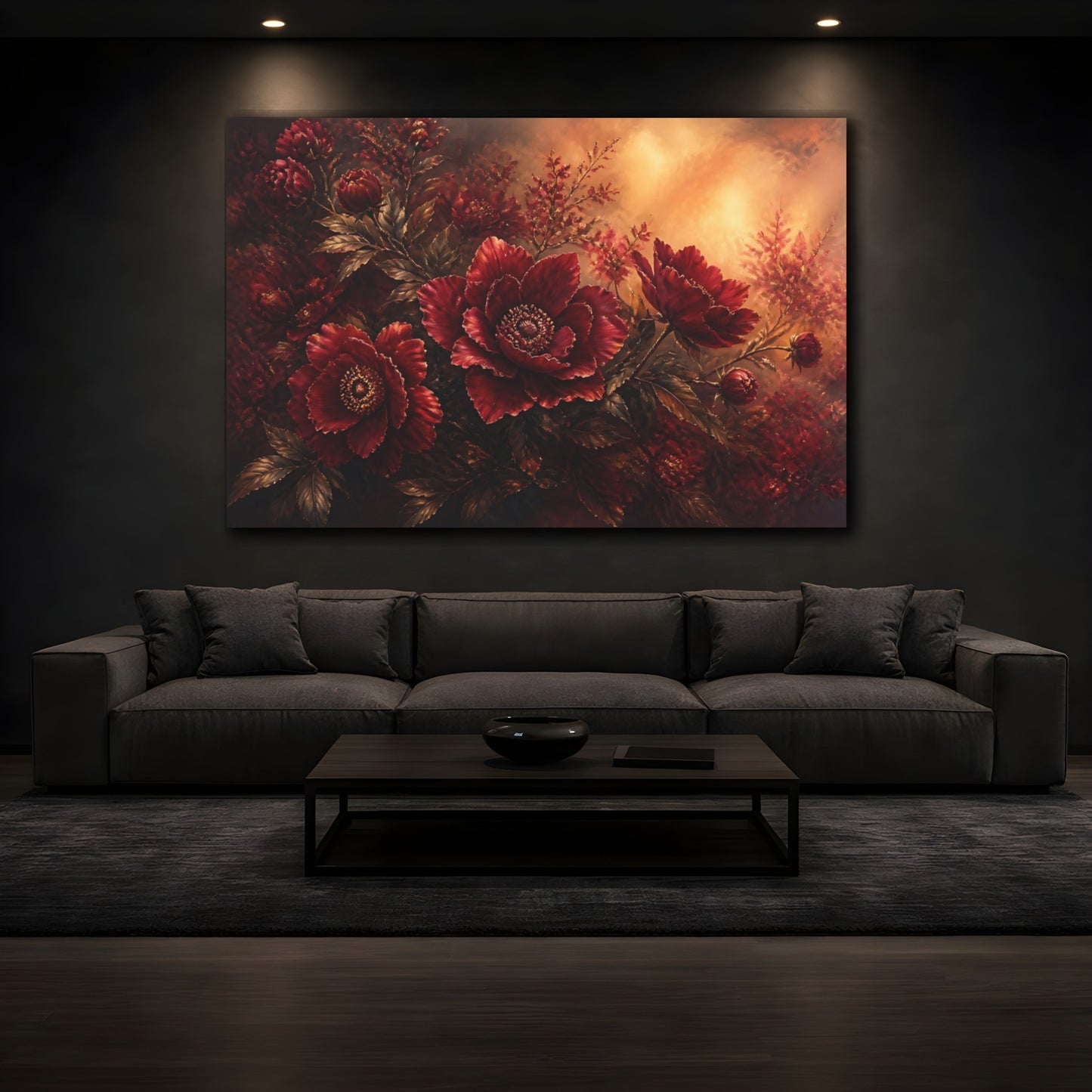 Mockup 3. Deep Ruby Peony Bouquet shown as canvas print