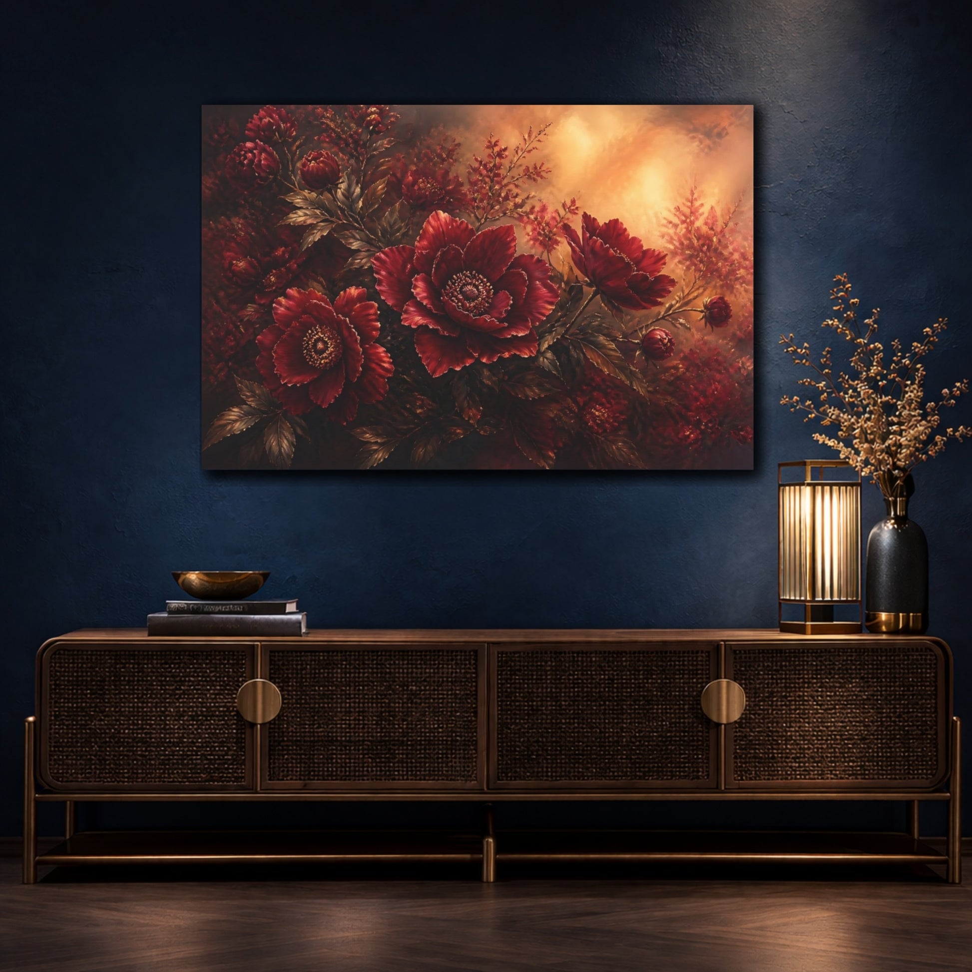 Mockup 4. Deep Ruby Peony Bouquet shown as canvas print