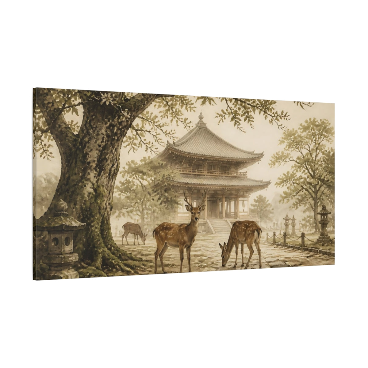 Side Mockup 2. Deer At Temple shown as canvas print