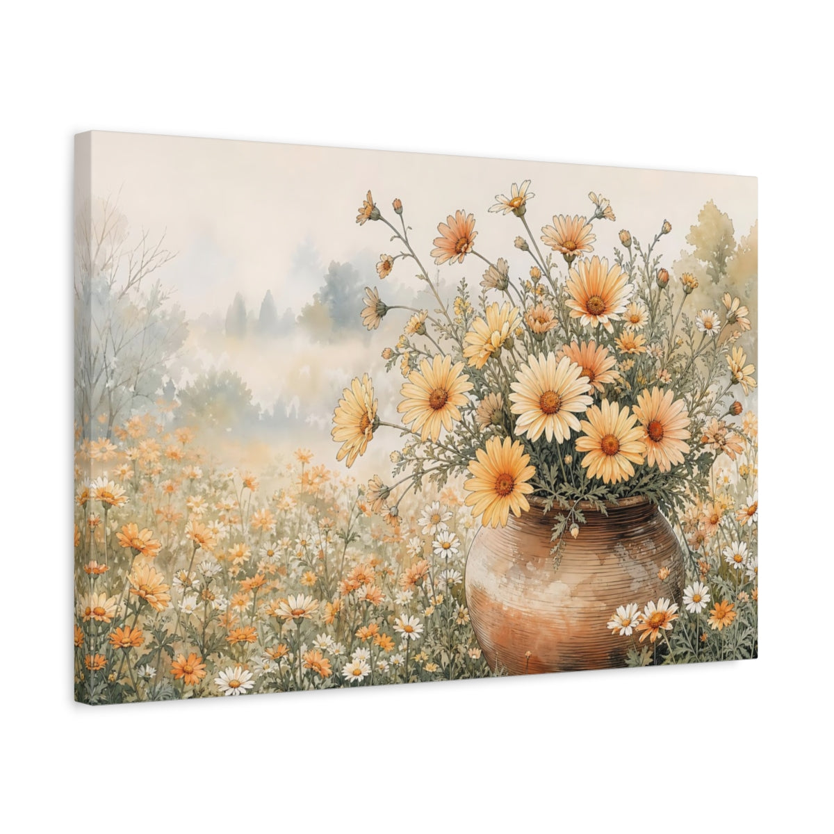 Side Mockup 3. Delicate Ink Contour Drawing Apricot Daisies In Clay Pot During Spring Mist shown as stretched canvas wall art
