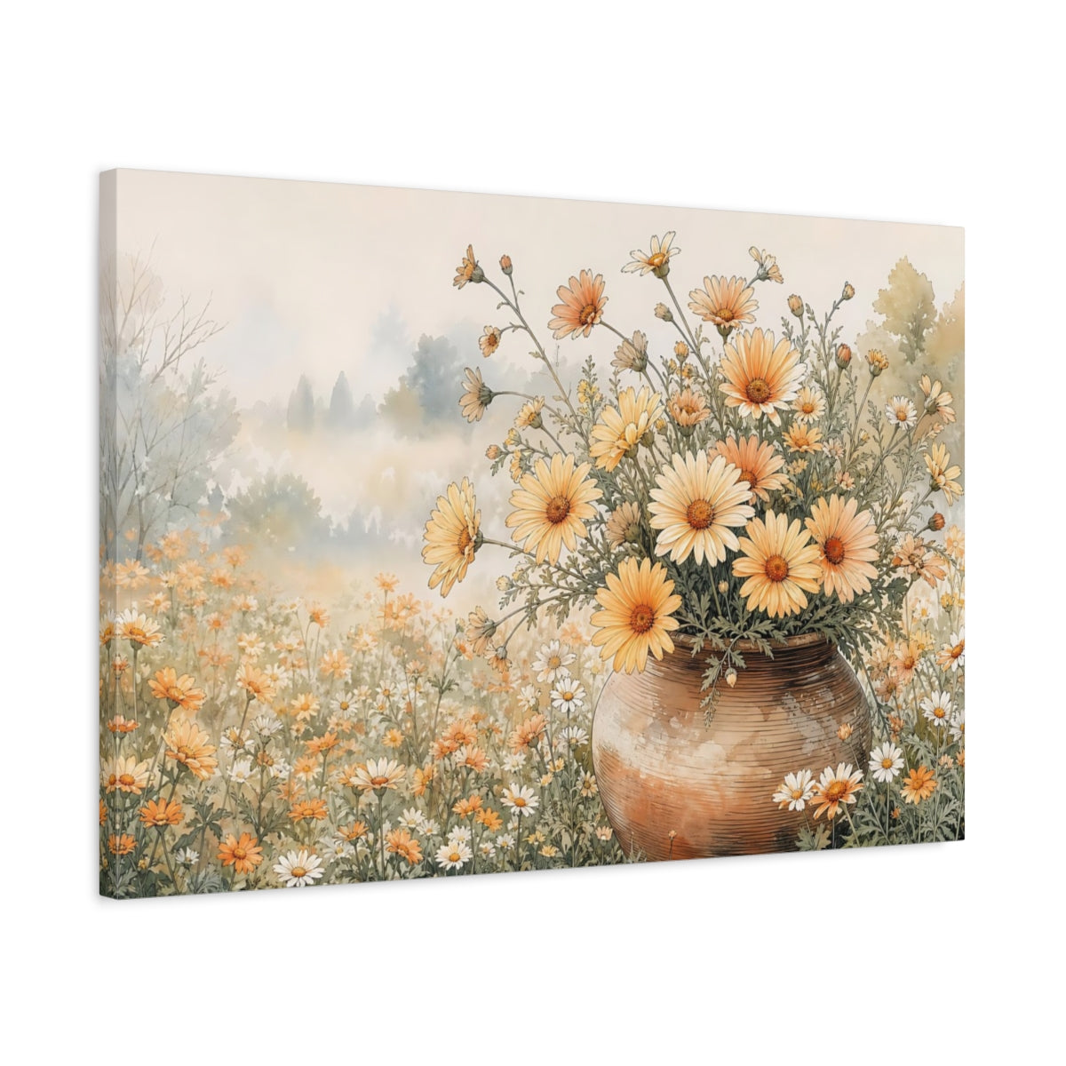 Side Mockup 2. Delicate Ink Contour Drawing Apricot Daisies In Clay Pot During Spring Mist shown as stretched canvas wall art