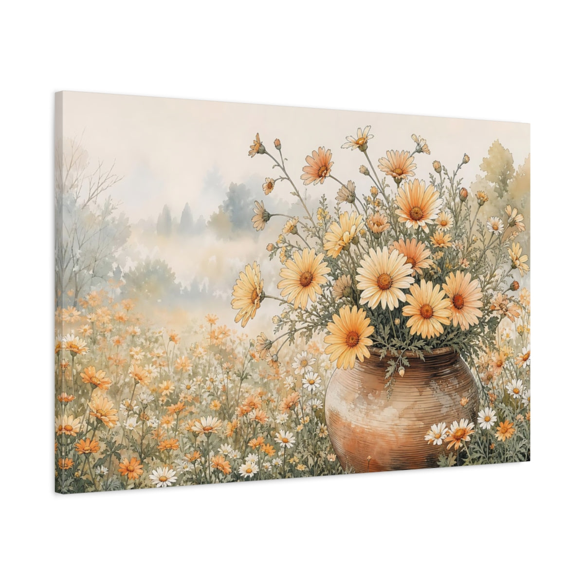Main Mockup. Delicate Ink Contour Drawing Apricot Daisies In Clay Pot During Spring Mist shown as stretched canvas wall art