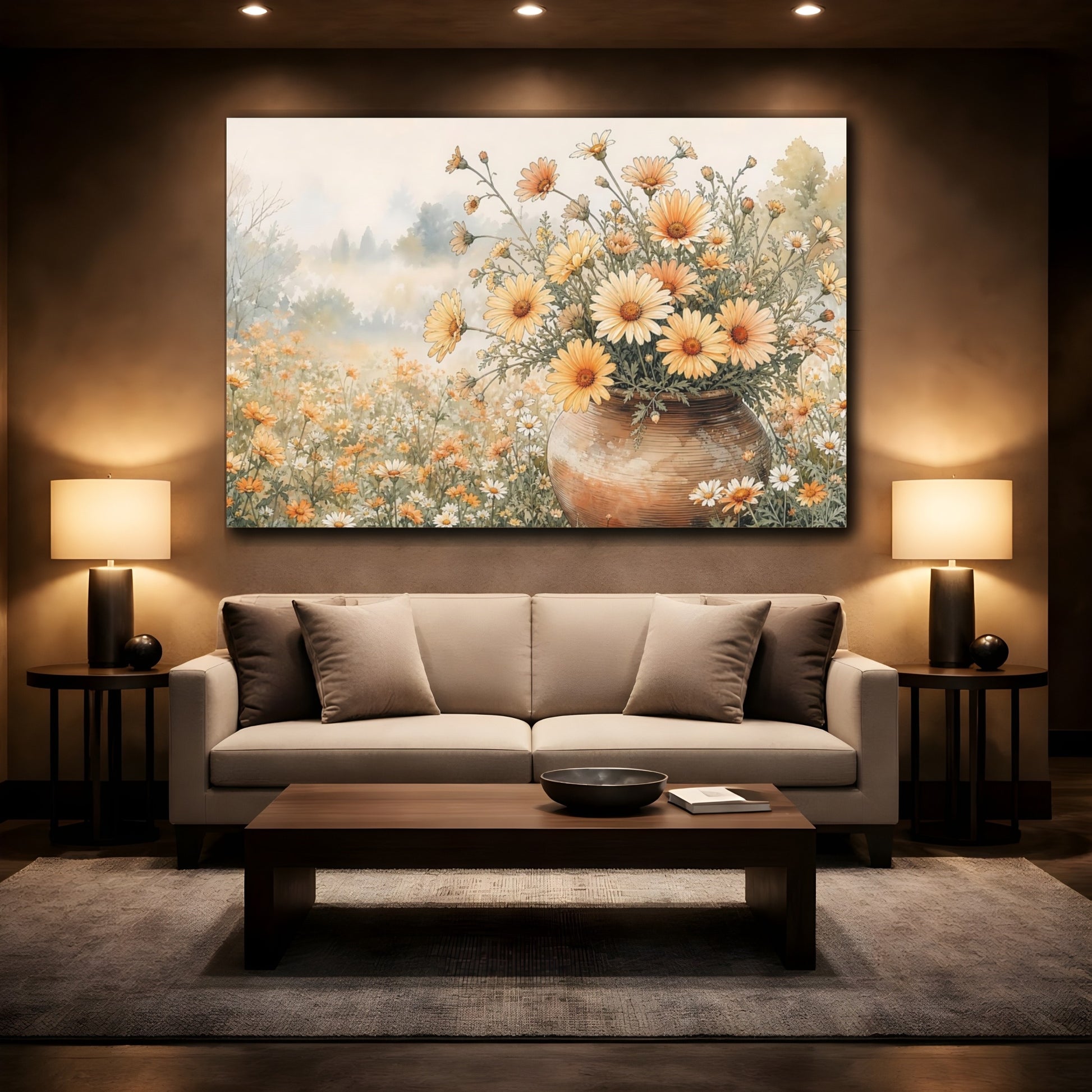 Mockup 2. Delicate Ink Contour Drawing Apricot Daisies In Clay Pot During Spring Mist shown as stretched canvas wall art