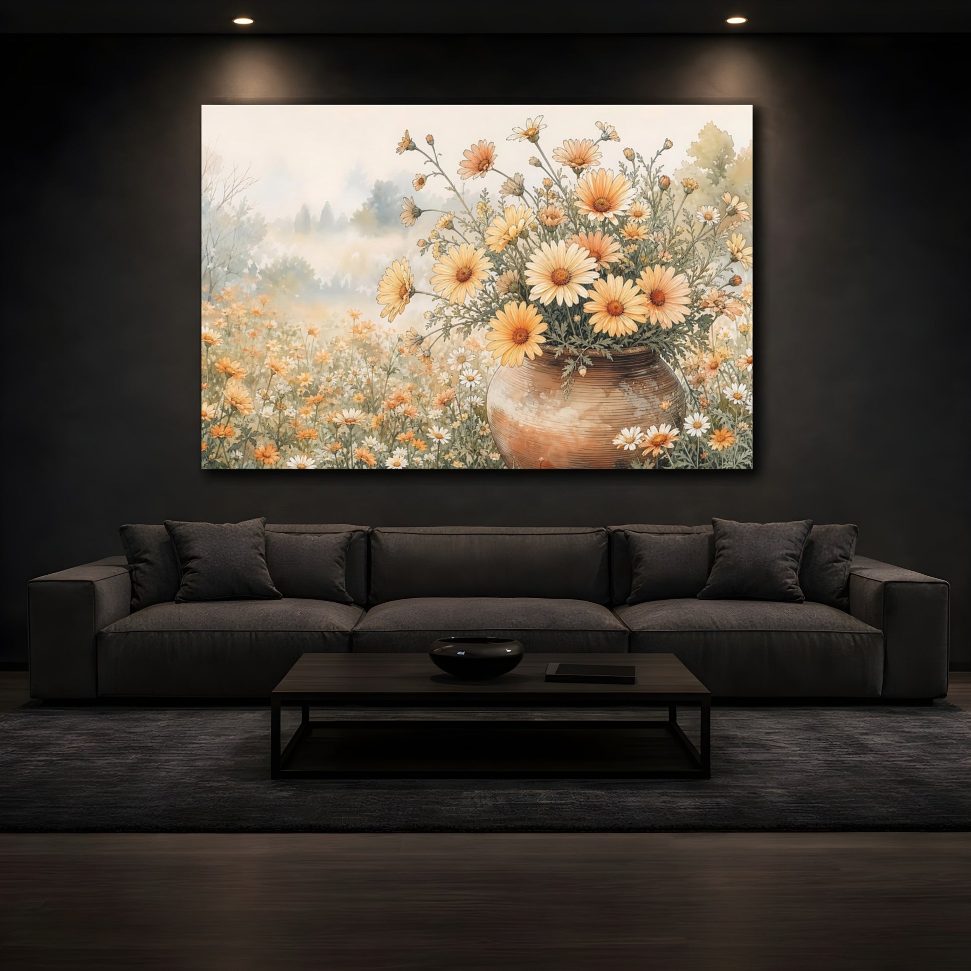 Mockup 3. Delicate Ink Contour Drawing Apricot Daisies In Clay Pot During Spring Mist shown as stretched canvas wall art