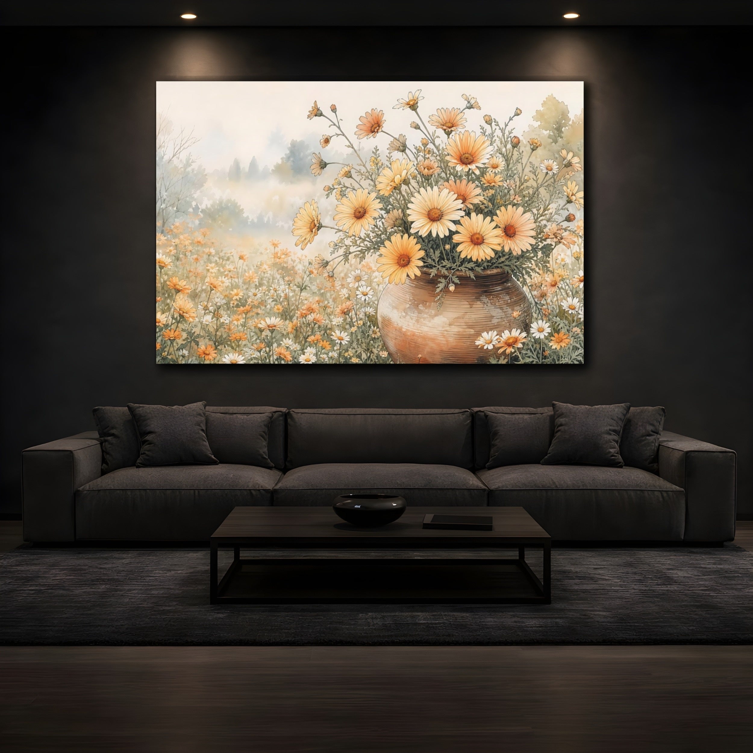 Mockup 3. Delicate Ink Contour Drawing Apricot Daisies In Clay Pot During Spring Mist shown as stretched canvas wall art