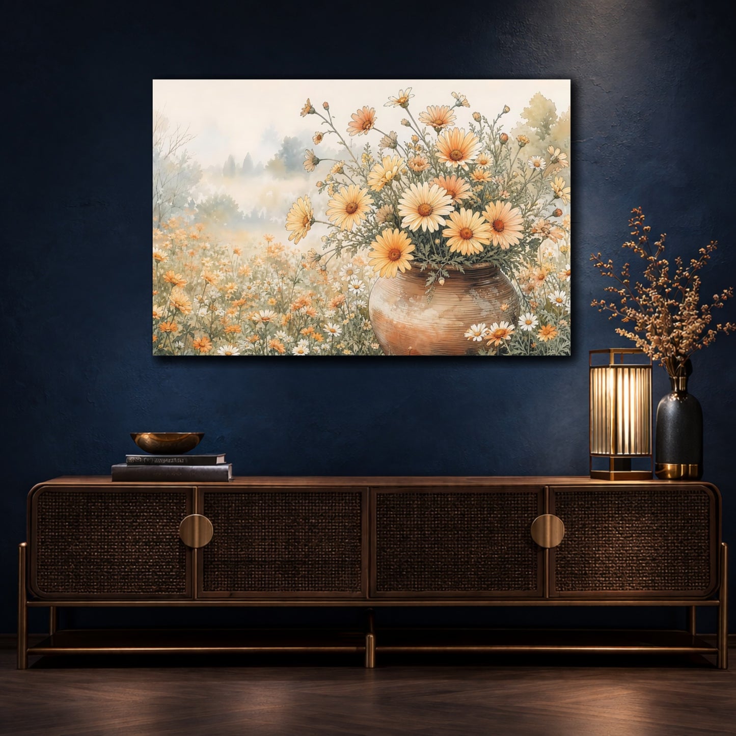Mockup 4. Delicate Ink Contour Drawing Apricot Daisies In Clay Pot During Spring Mist shown as stretched canvas wall art