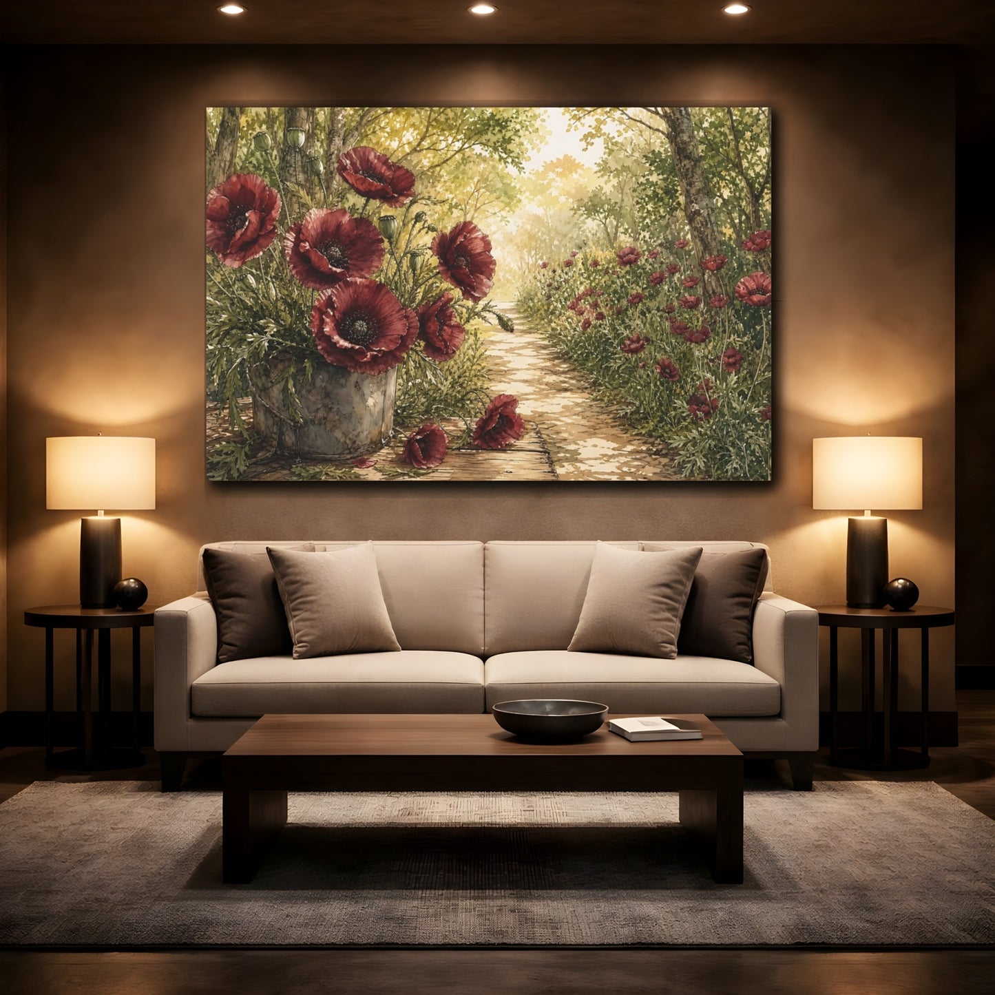 Mockup 2. Delicate Ink Contour Drawing Burgundy Poppies Across Woodland Path Under Warm Sunlight shown as stretched canvas wall art