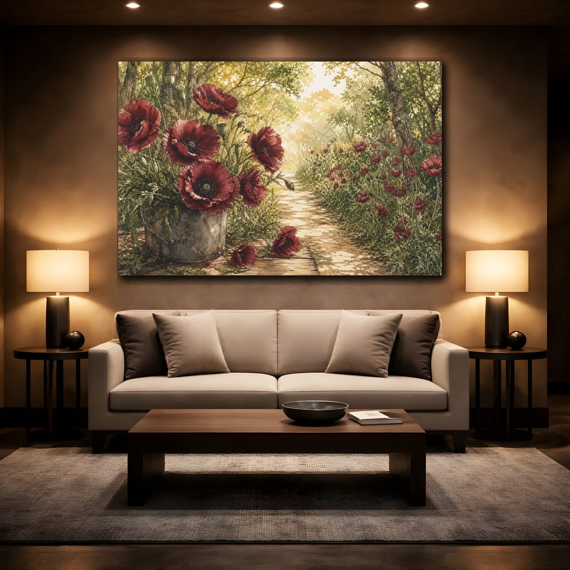 Mockup 2. Delicate Ink Contour Drawing Burgundy Poppies Across Woodland Path Under Warm Sunlight shown as stretched canvas wall art