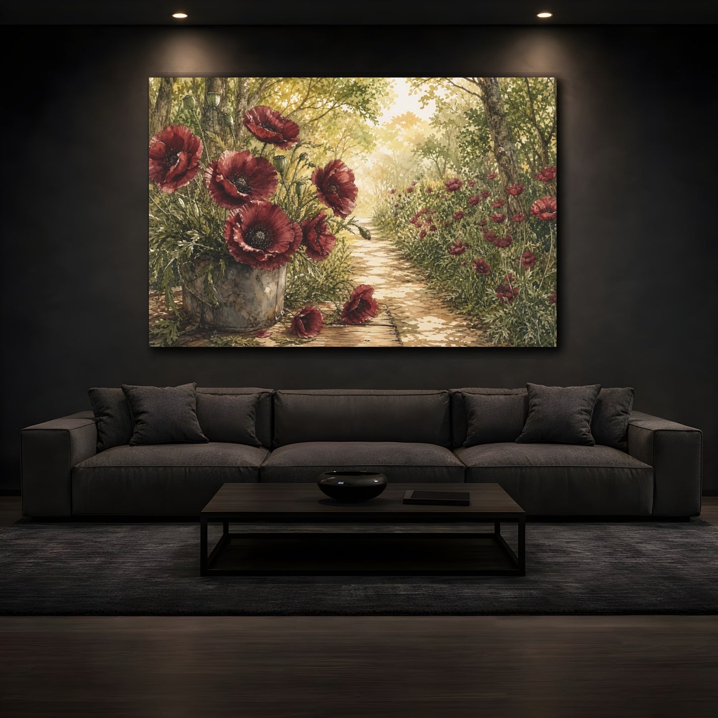 Mockup 3. Delicate Ink Contour Drawing Burgundy Poppies Across Woodland Path Under Warm Sunlight shown as stretched canvas wall art