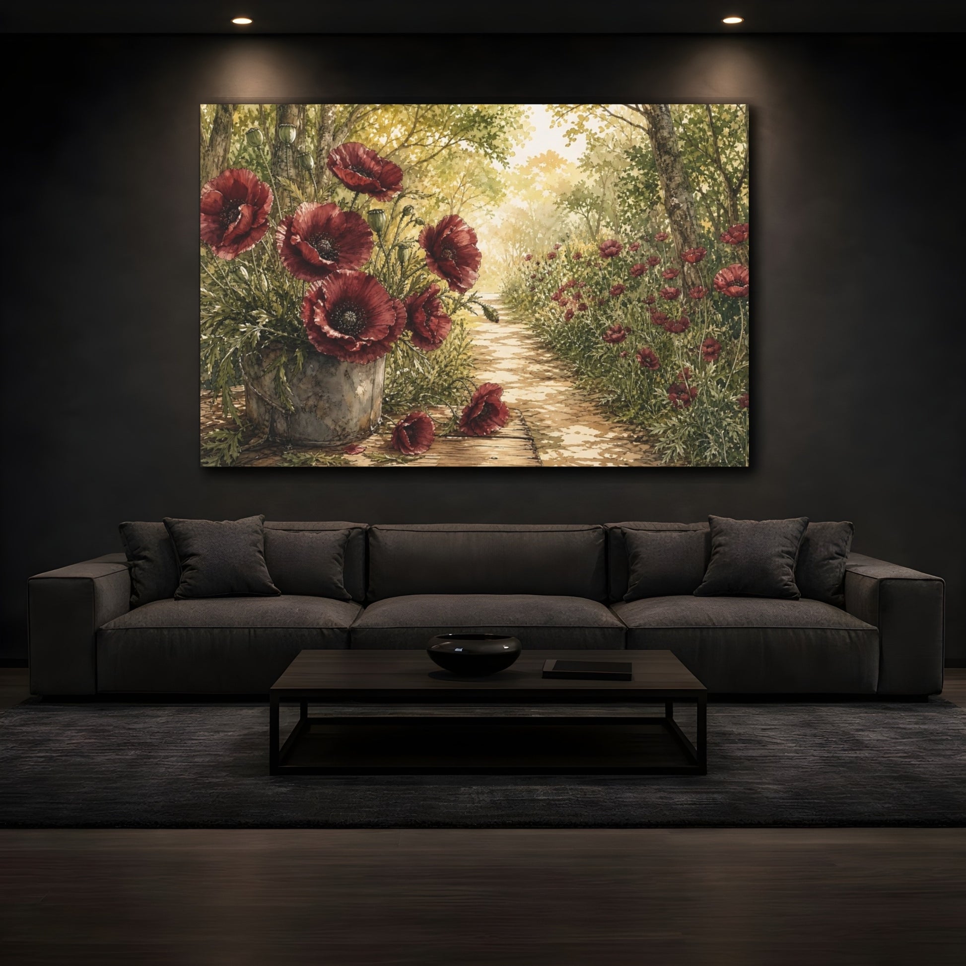 Mockup 3. Delicate Ink Contour Drawing Burgundy Poppies Across Woodland Path Under Warm Sunlight shown as stretched canvas wall art