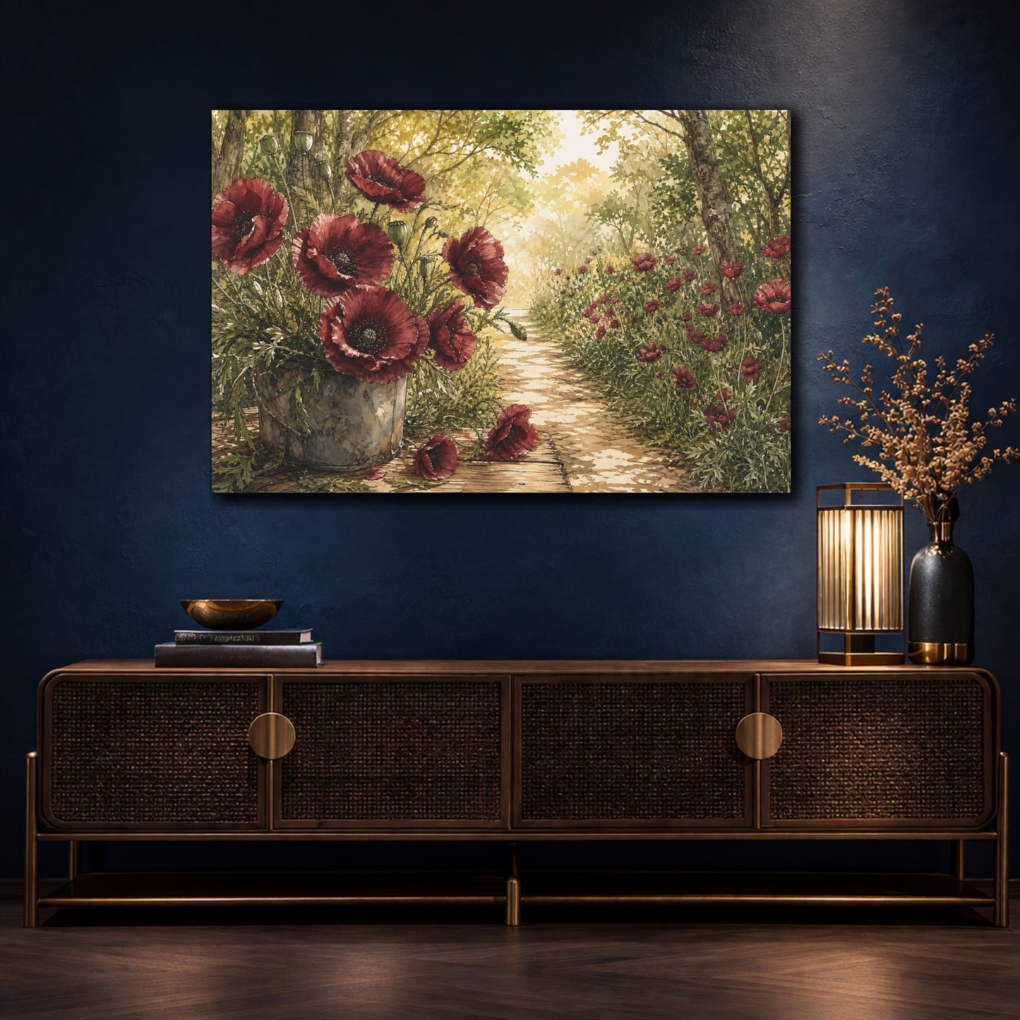 Mockup 4. Delicate Ink Contour Drawing Burgundy Poppies Across Woodland Path Under Warm Sunlight shown as stretched canvas wall art