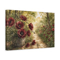 Side Mockup 4. Delicate Ink Contour Drawing Burgundy Poppies Across Woodland Path Under Warm Sunlight shown as stretched canvas wall art