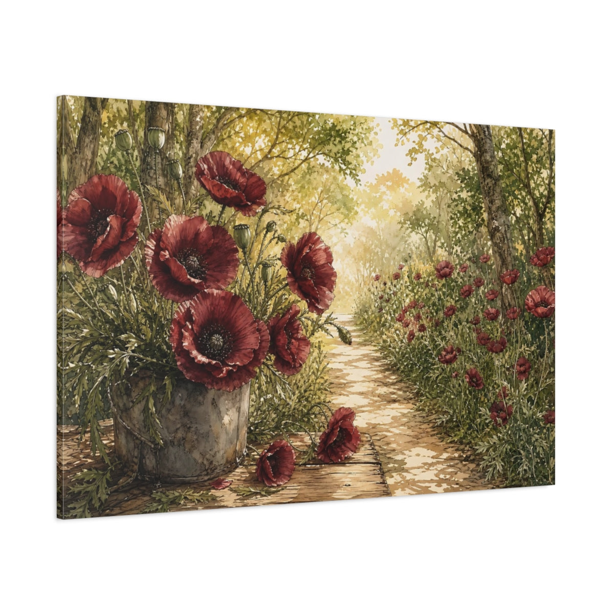 Side Mockup 1. Delicate Ink Contour Drawing Burgundy Poppies Across Woodland Path Under Warm Sunlight shown as stretched canvas wall art