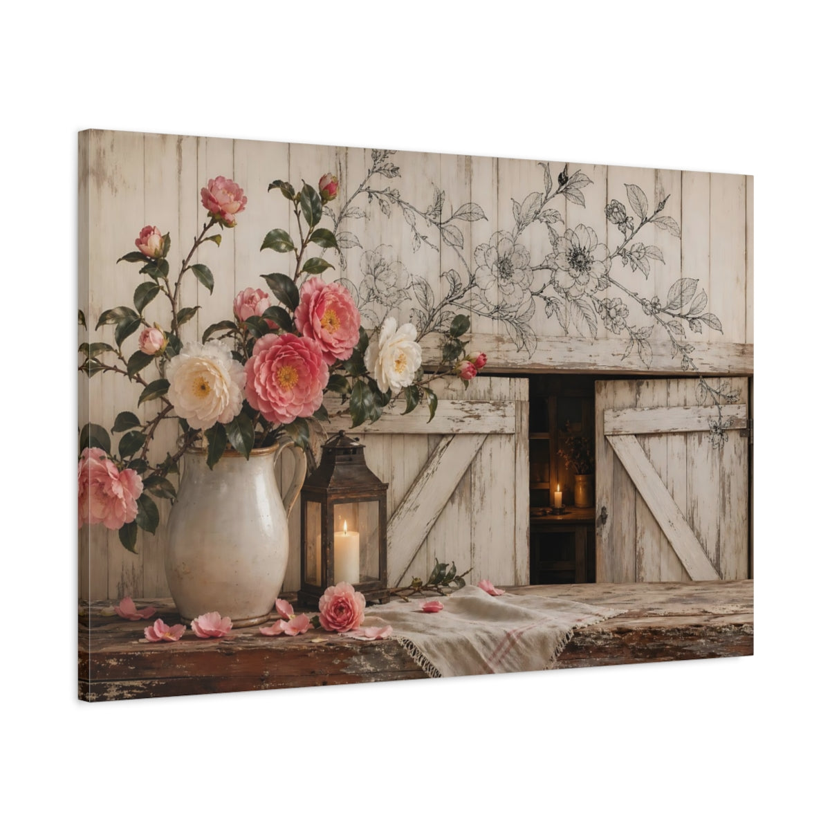 Main Mockup. Delicate Ink Contour Drawing Camellia Branches Above Barn Doorway Near Candle Glow shown as stretched canvas wall art