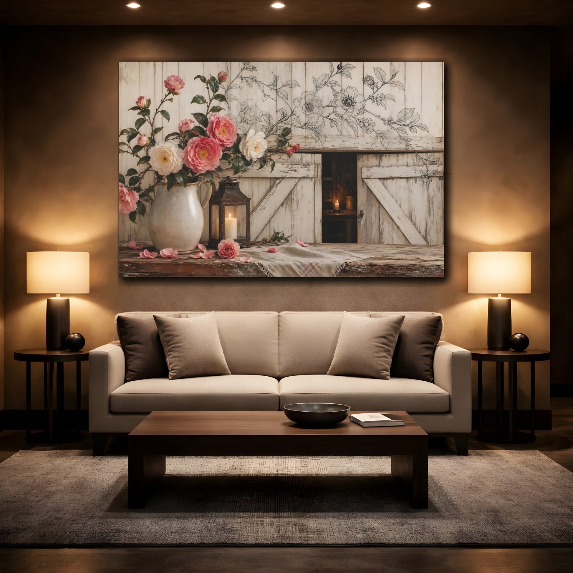 Mockup 2. Delicate Ink Contour Drawing Camellia Branches Above Barn Doorway Near Candle Glow shown as stretched canvas wall art