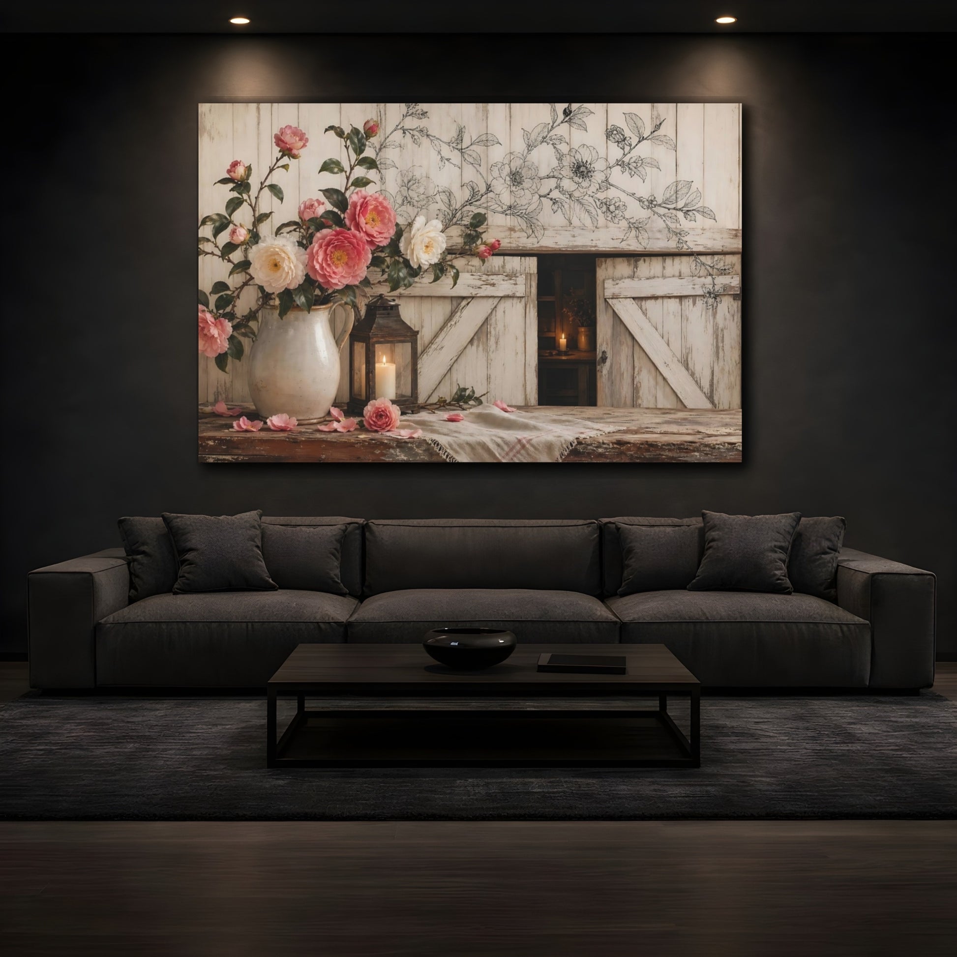 Mockup 3. Delicate Ink Contour Drawing Camellia Branches Above Barn Doorway Near Candle Glow shown as stretched canvas wall art