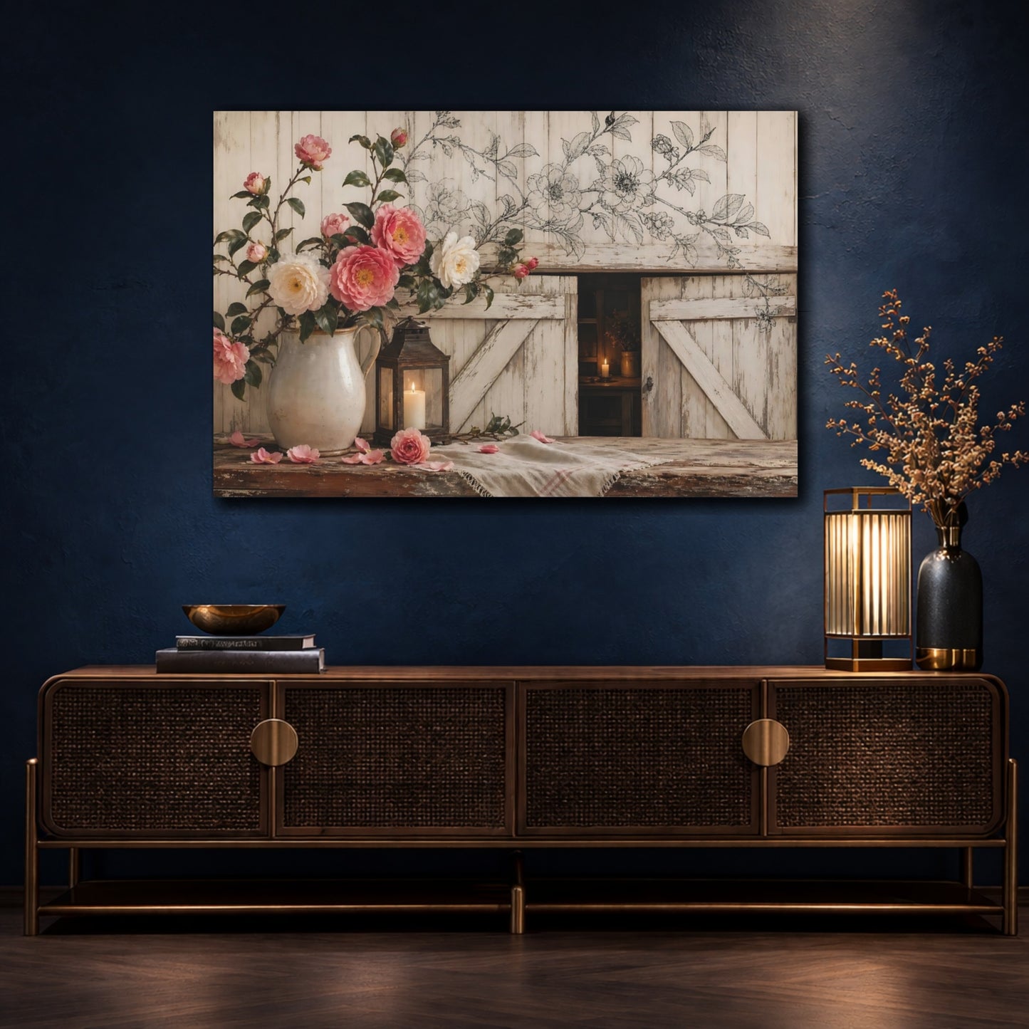 Mockup 4. Delicate Ink Contour Drawing Camellia Branches Above Barn Doorway Near Candle Glow shown as stretched canvas wall art