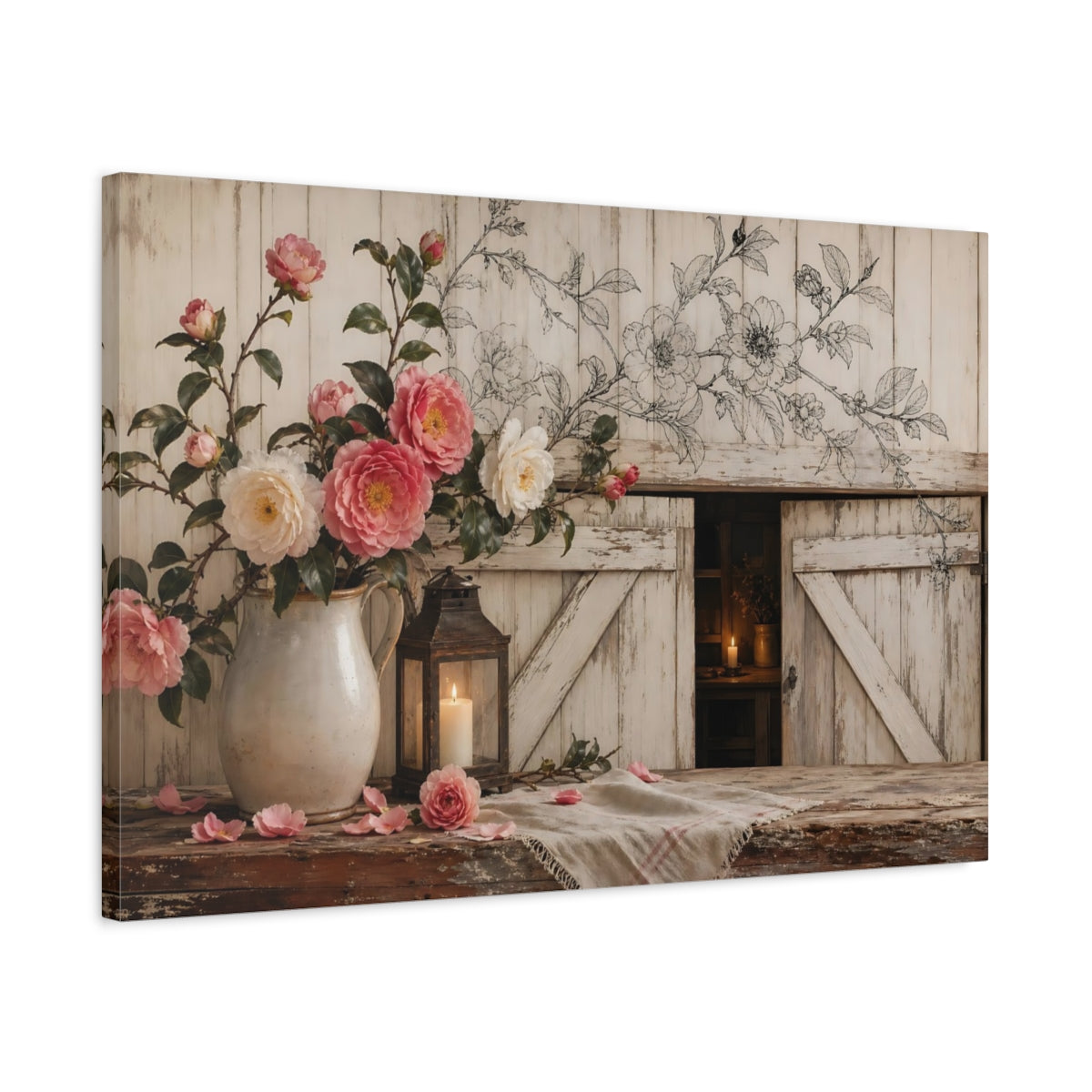 Side Mockup 2. Delicate Ink Contour Drawing Camellia Branches Above Barn Doorway Near Candle Glow shown as stretched canvas wall art