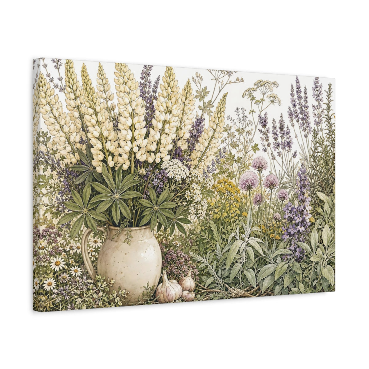 Side Mockup 3. Delicate Ink Contour Drawing Mixed Cream Mountain Lupines Around Herb Garden shown as stretched canvas wall art