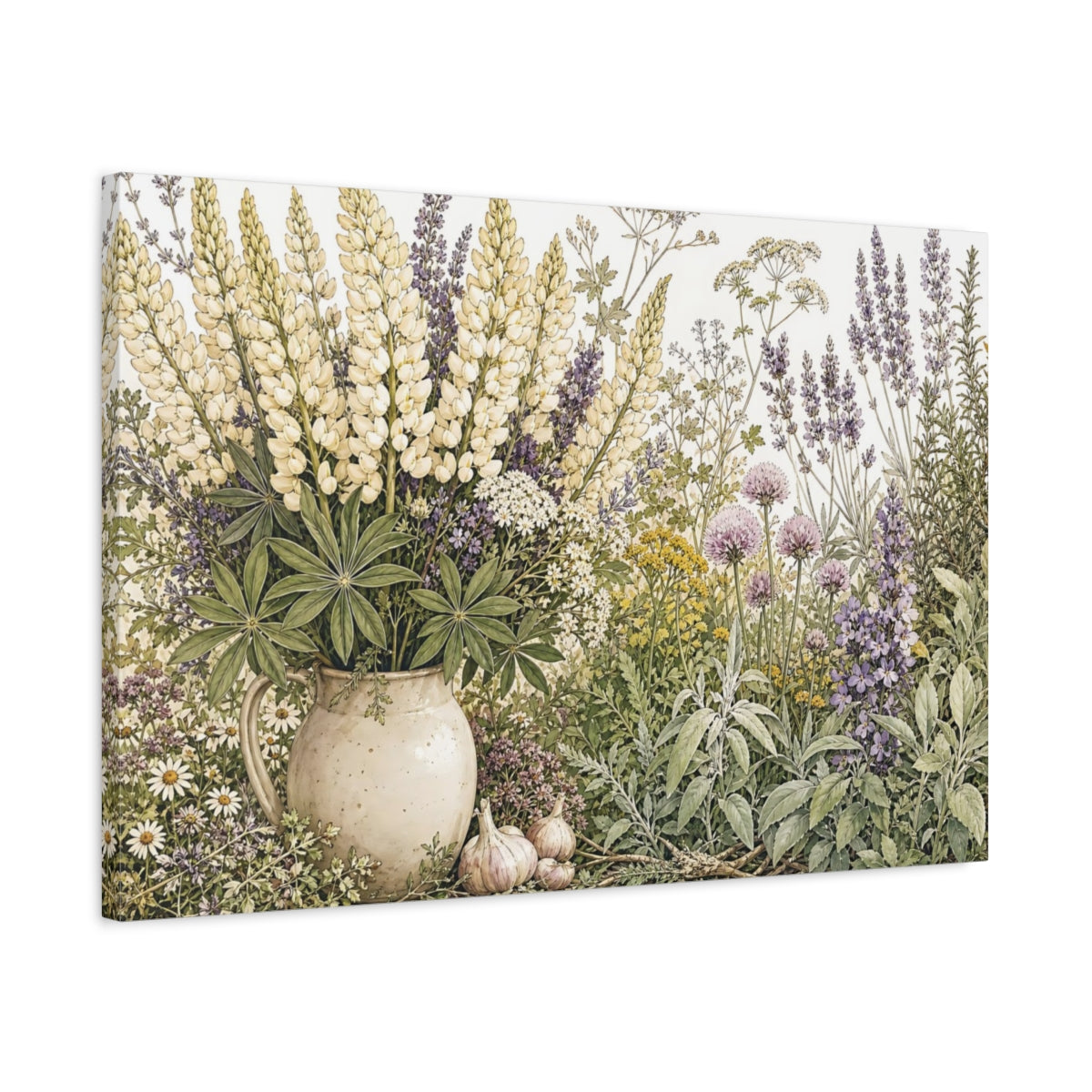 Side Mockup 2. Delicate Ink Contour Drawing Mixed Cream Mountain Lupines Around Herb Garden shown as stretched canvas wall art