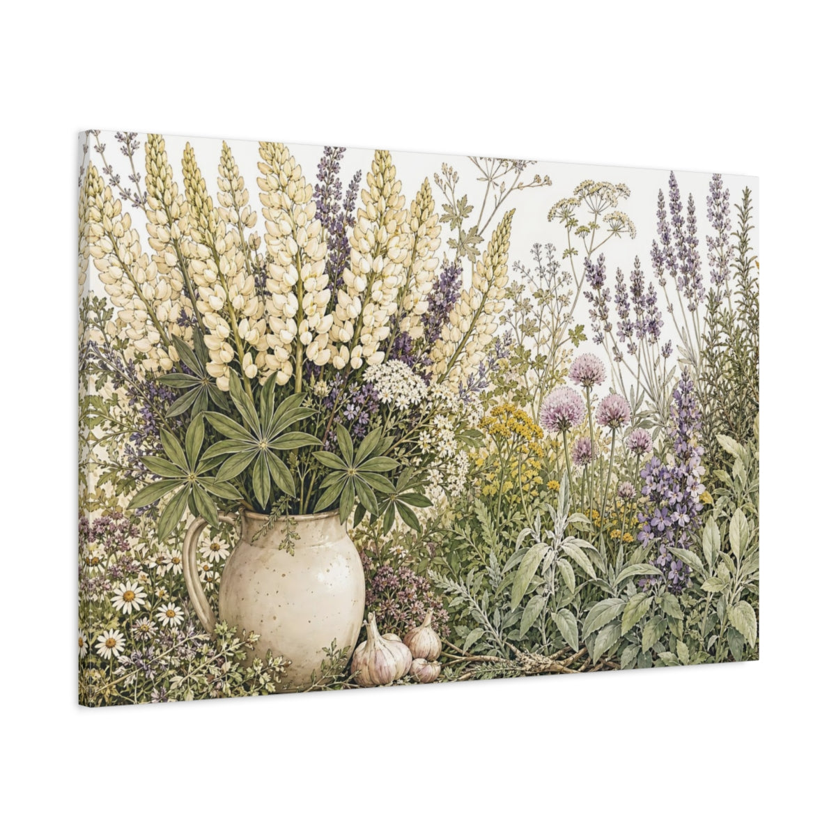 Main Mockup. Delicate Ink Contour Drawing Mixed Cream Mountain Lupines Around Herb Garden shown as stretched canvas wall art