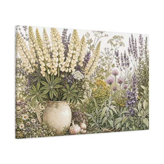 Main Mockup. Delicate Ink Contour Drawing Mixed Cream Mountain Lupines Around Herb Garden shown as stretched canvas wall art