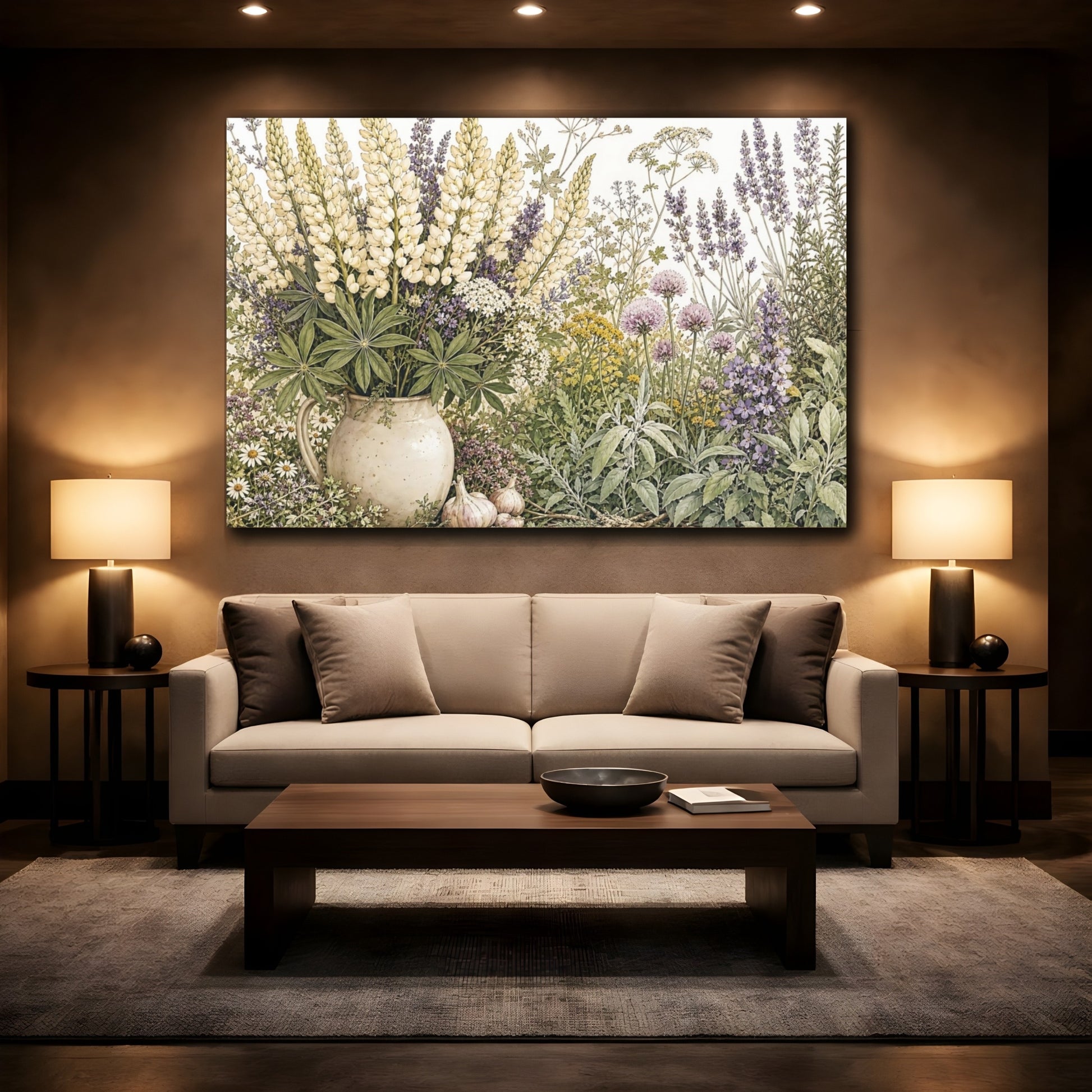 Mockup 2. Delicate Ink Contour Drawing Mixed Cream Mountain Lupines Around Herb Garden shown as stretched canvas wall art