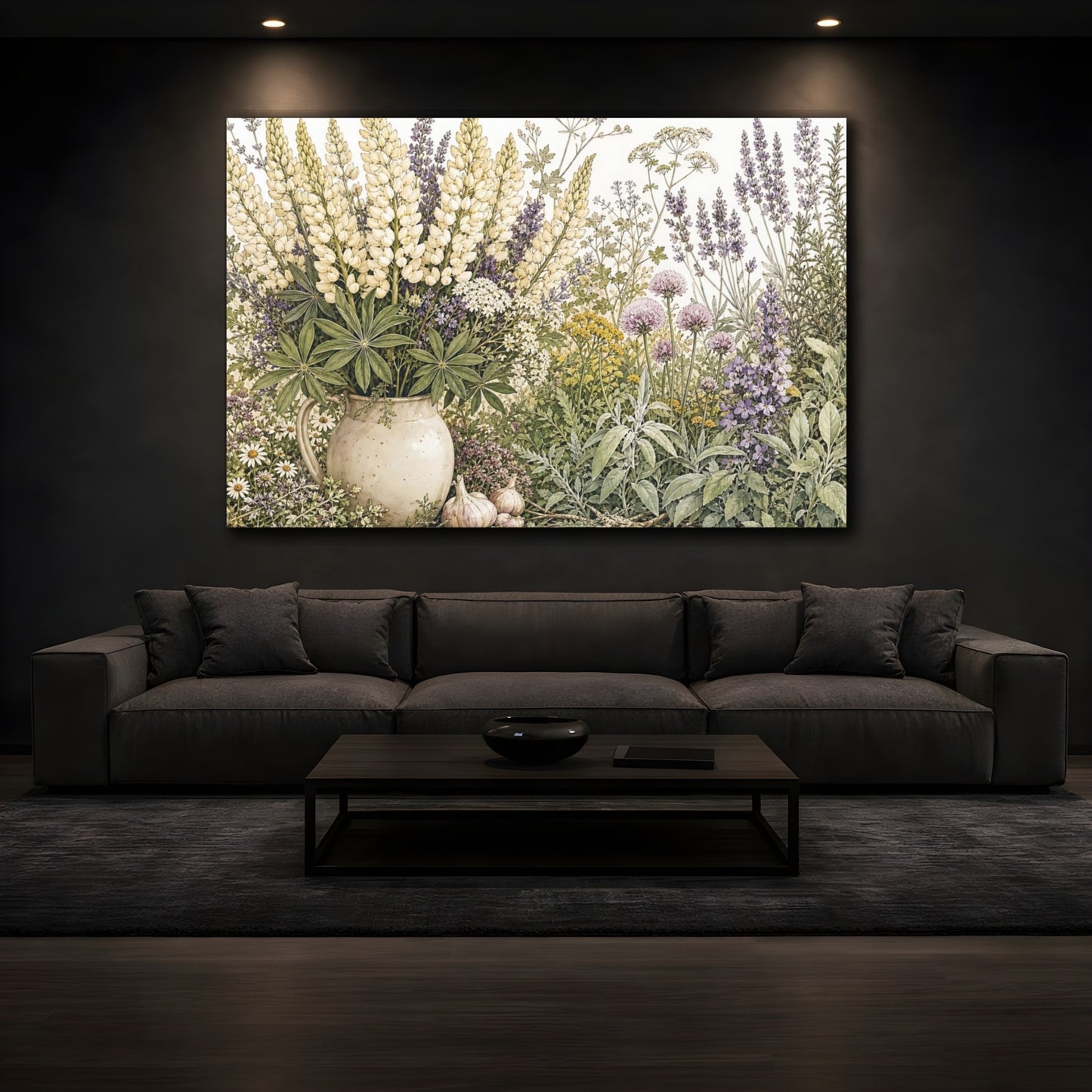 Mockup 3. Delicate Ink Contour Drawing Mixed Cream Mountain Lupines Around Herb Garden shown as stretched canvas wall art