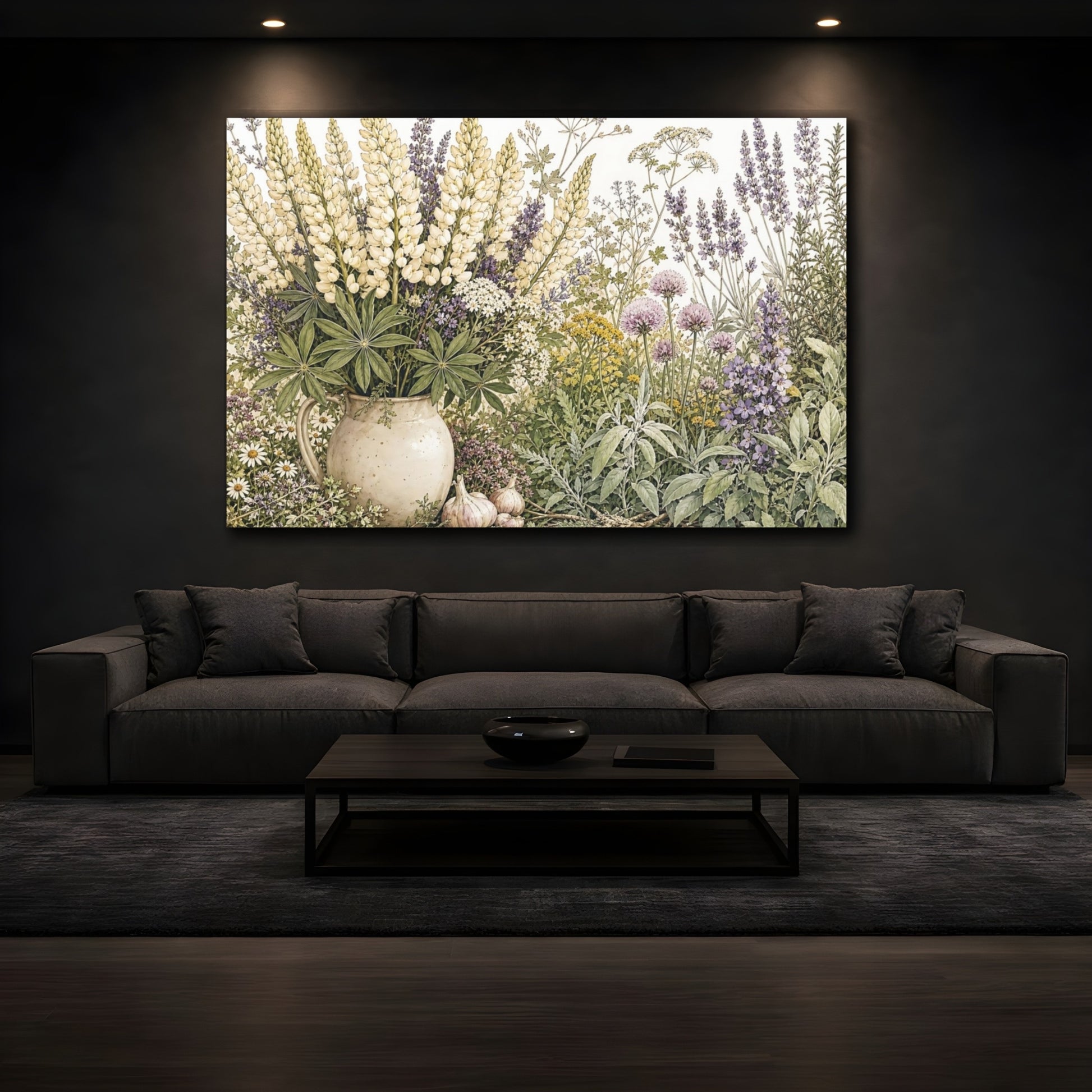 Mockup 3. Delicate Ink Contour Drawing Mixed Cream Mountain Lupines Around Herb Garden shown as stretched canvas wall art