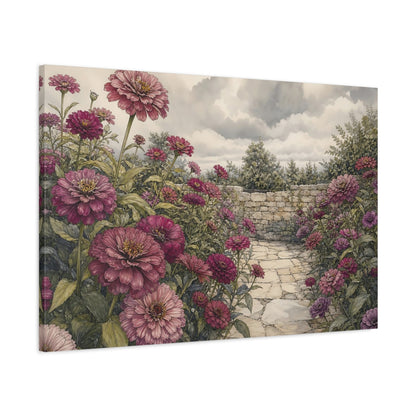 Main Mockup. Delicate Ink Contour Drawing Plum Zinnias Across Stone Courtyard Beneath Cloudy Light shown as stretched canvas wall art