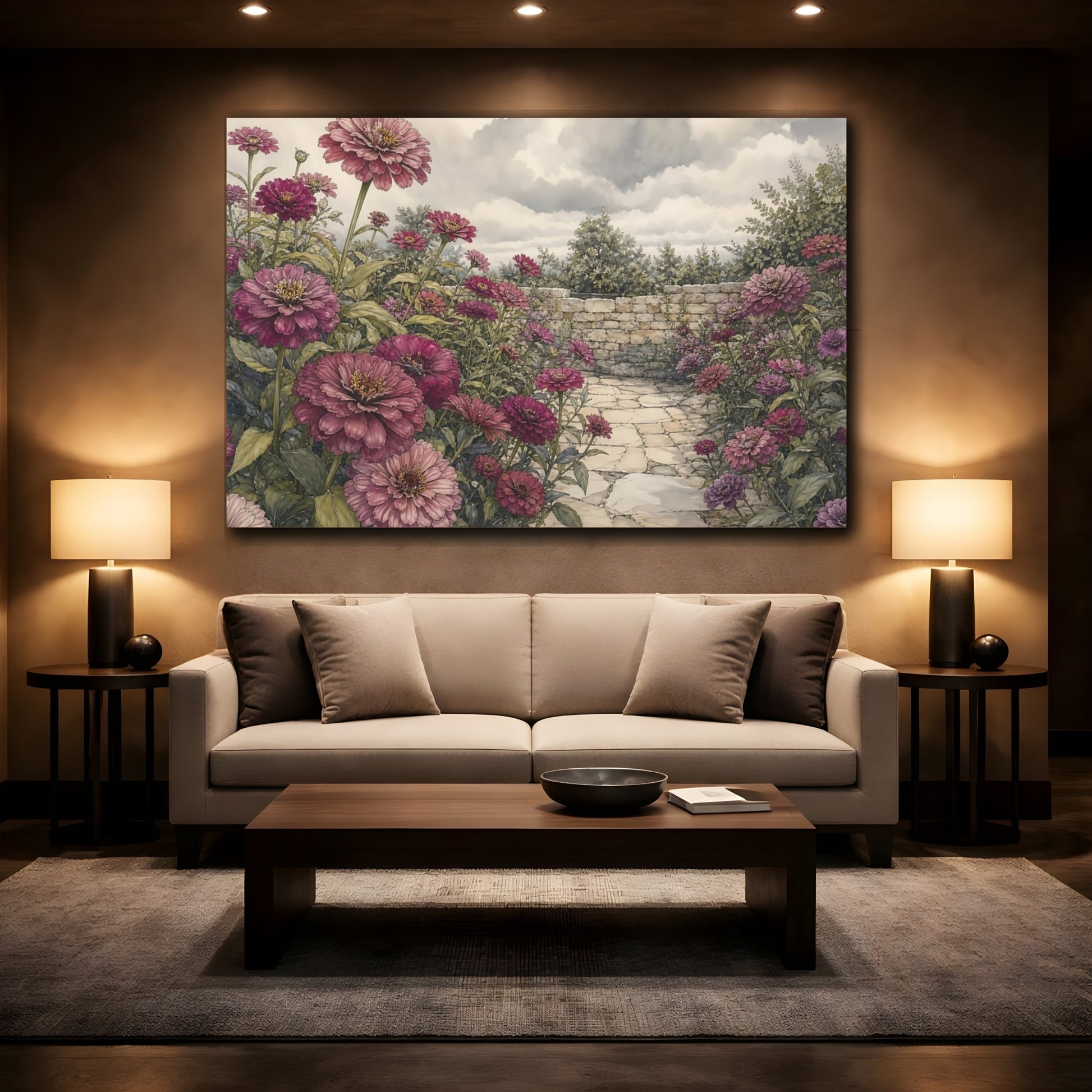 Mockup 2. Delicate Ink Contour Drawing Plum Zinnias Across Stone Courtyard Beneath Cloudy Light shown as stretched canvas wall art