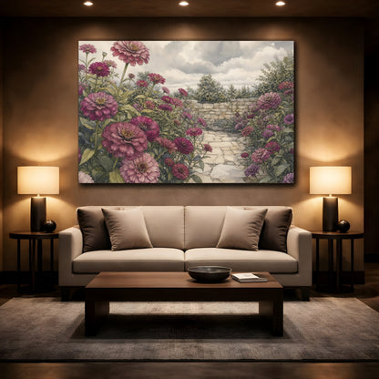 Mockup 2. Delicate Ink Contour Drawing Plum Zinnias Across Stone Courtyard Beneath Cloudy Light shown as stretched canvas wall art