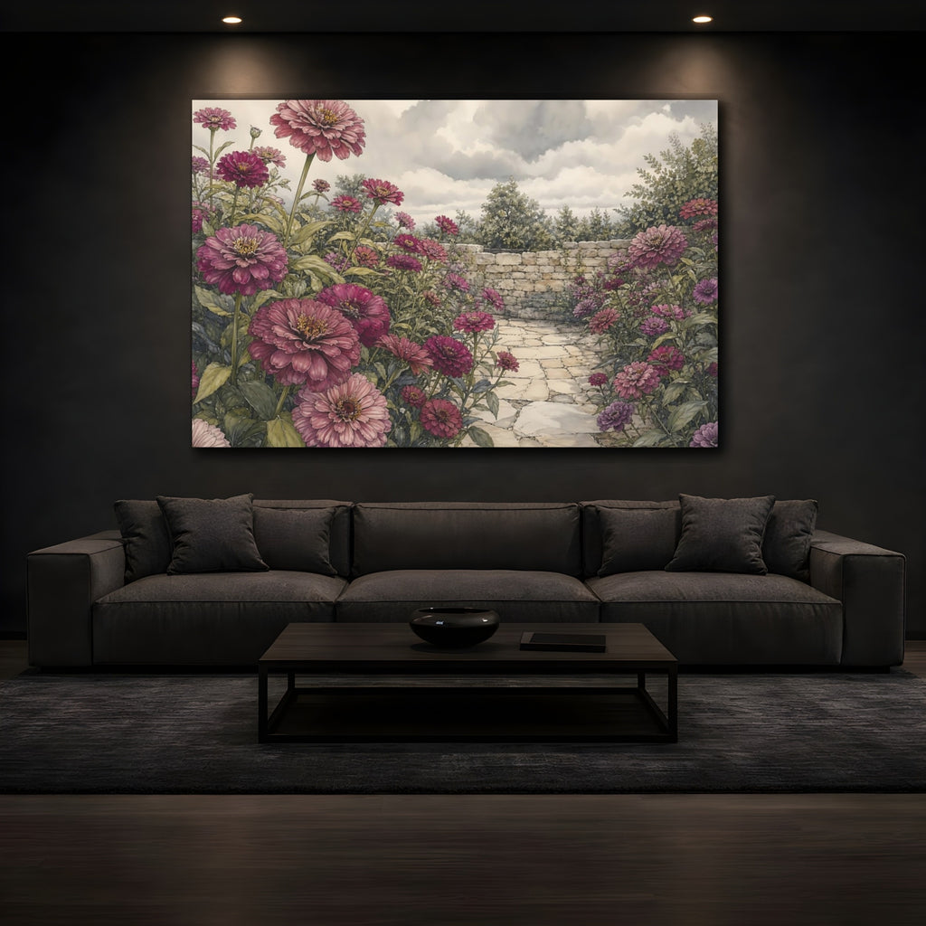 Mockup 3. Delicate Ink Contour Drawing Plum Zinnias Across Stone Courtyard Beneath Cloudy Light shown as stretched canvas wall art