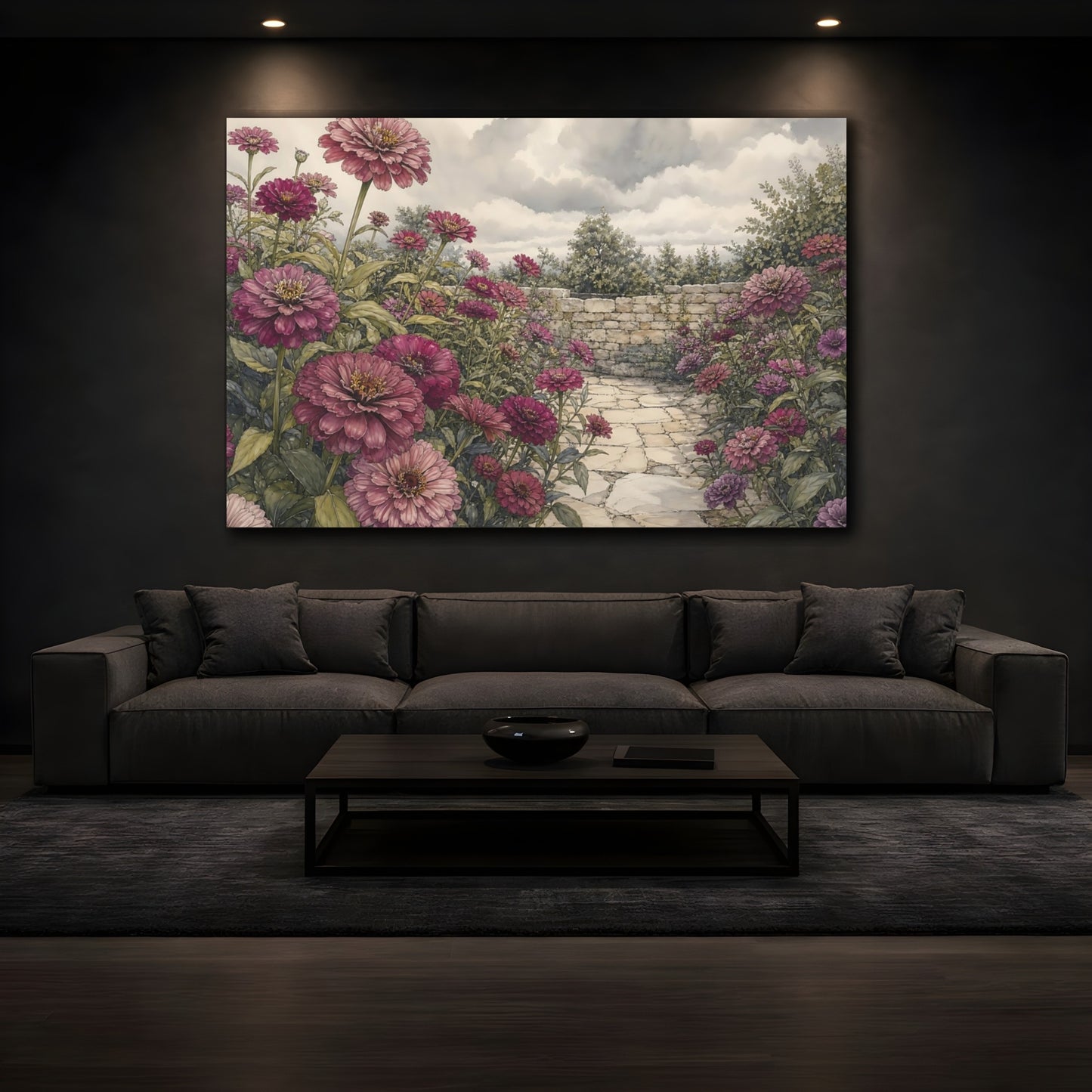 Mockup 3. Delicate Ink Contour Drawing Plum Zinnias Across Stone Courtyard Beneath Cloudy Light shown as stretched canvas wall art