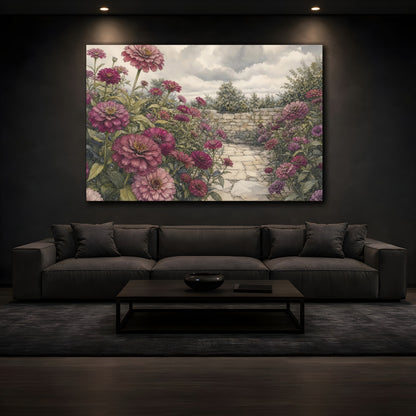 Mockup 3. Delicate Ink Contour Drawing Plum Zinnias Across Stone Courtyard Beneath Cloudy Light shown as stretched canvas wall art