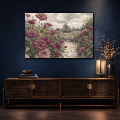 Mockup 4. Delicate Ink Contour Drawing Plum Zinnias Across Stone Courtyard Beneath Cloudy Light shown as stretched canvas wall art