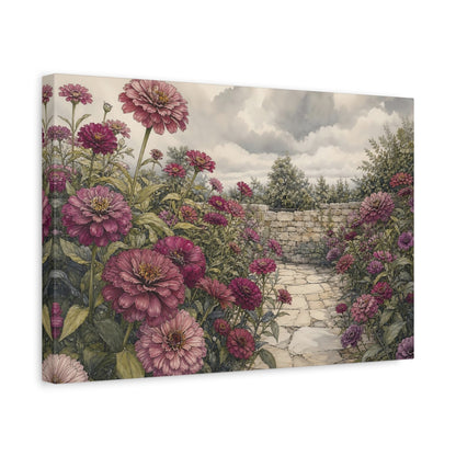 Side Mockup 4. Delicate Ink Contour Drawing Plum Zinnias Across Stone Courtyard Beneath Cloudy Light shown as stretched canvas wall art