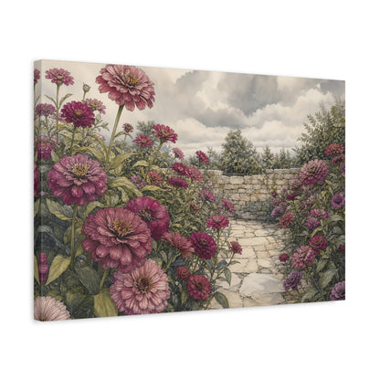 Side Mockup 3. Delicate Ink Contour Drawing Plum Zinnias Across Stone Courtyard Beneath Cloudy Light shown as stretched canvas wall art