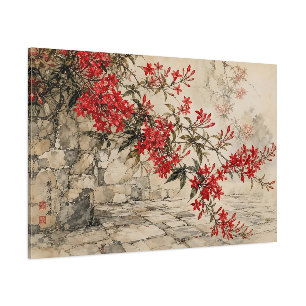 Side Mockup 1. Delicate Ink Contour Drawing Red Jasmine Sprays Against Stone Courtyard shown as stretched canvas wall art
