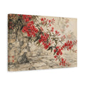 Side Mockup 4. Delicate Ink Contour Drawing Red Jasmine Sprays Against Stone Courtyard shown as stretched canvas wall art