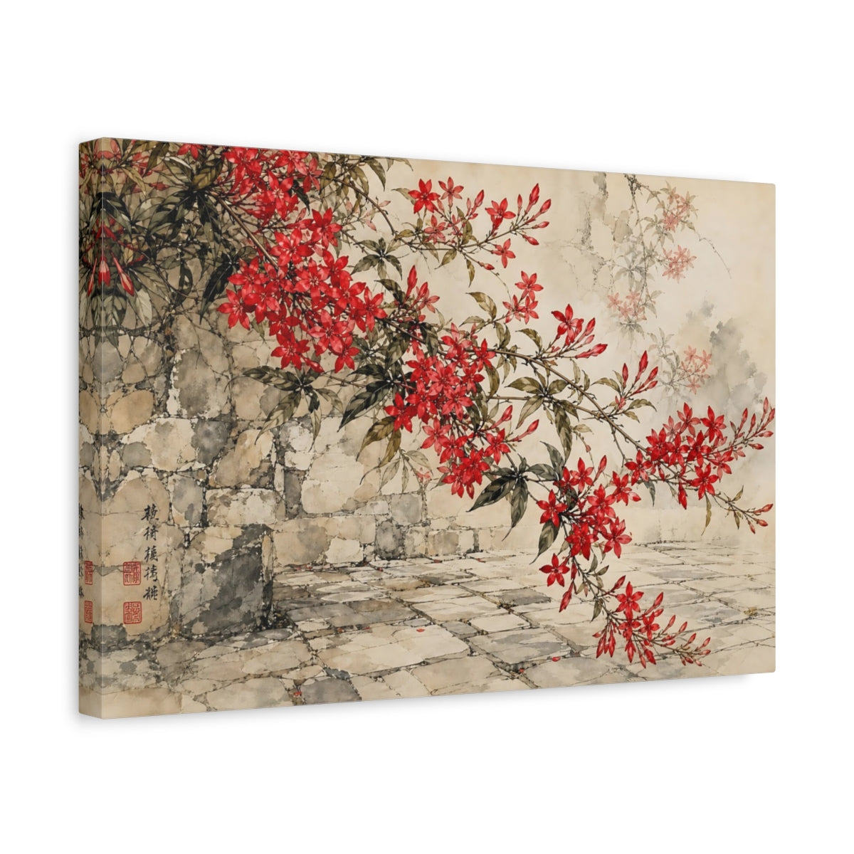 Side Mockup 4. Delicate Ink Contour Drawing Red Jasmine Sprays Against Stone Courtyard shown as stretched canvas wall art