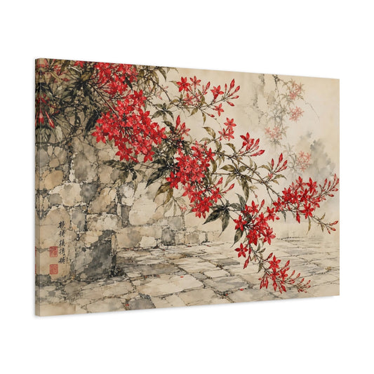 Main Mockup. Delicate Ink Contour Drawing Red Jasmine Sprays Against Stone Courtyard shown as stretched canvas wall art