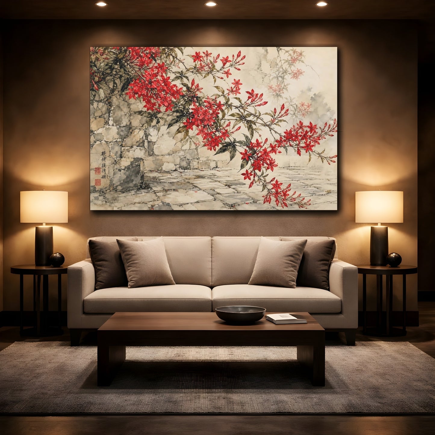 Mockup 2. Delicate Ink Contour Drawing Red Jasmine Sprays Against Stone Courtyard shown as stretched canvas wall art