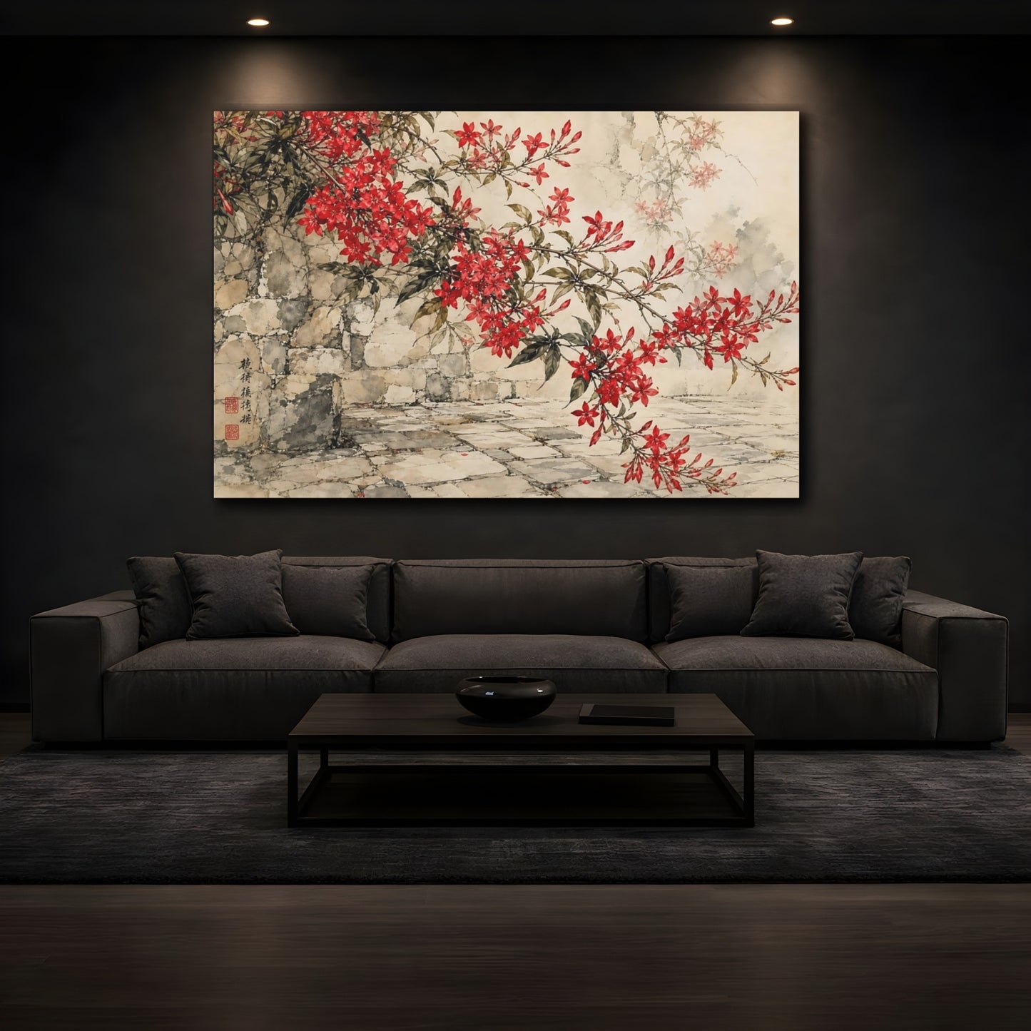 Mockup 3. Delicate Ink Contour Drawing Red Jasmine Sprays Against Stone Courtyard shown as stretched canvas wall art