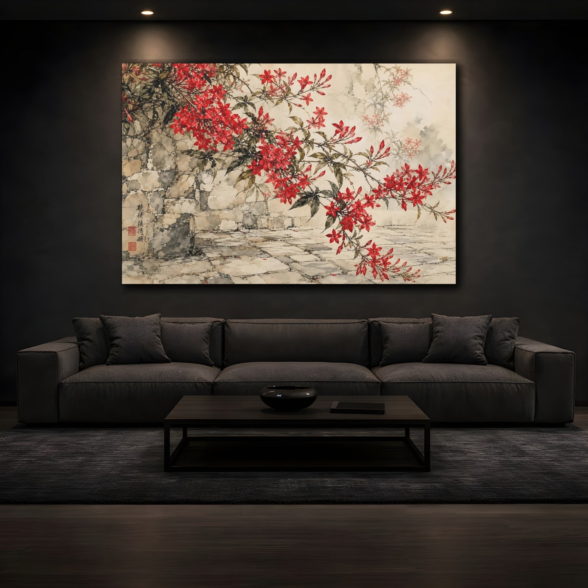 Mockup 3. Delicate Ink Contour Drawing Red Jasmine Sprays Against Stone Courtyard shown as stretched canvas wall art