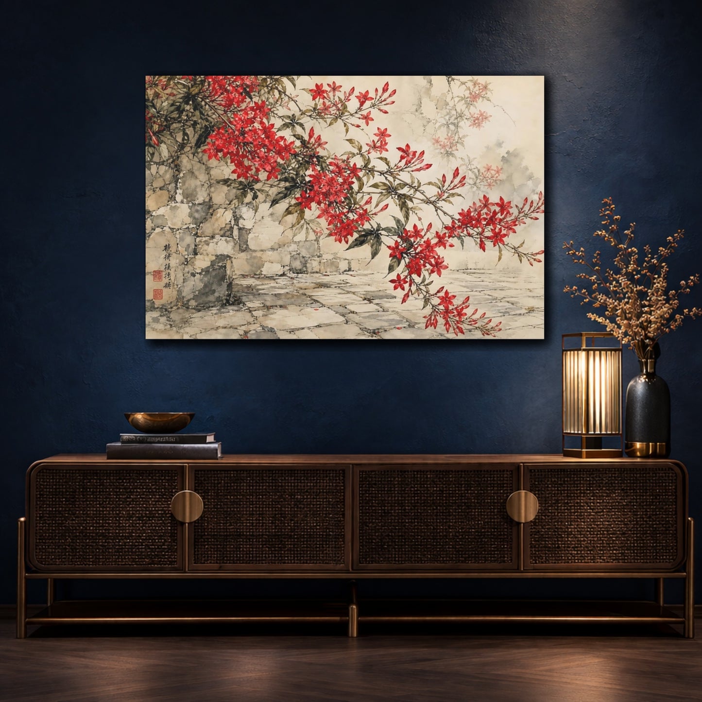 Mockup 4. Delicate Ink Contour Drawing Red Jasmine Sprays Against Stone Courtyard shown as stretched canvas wall art