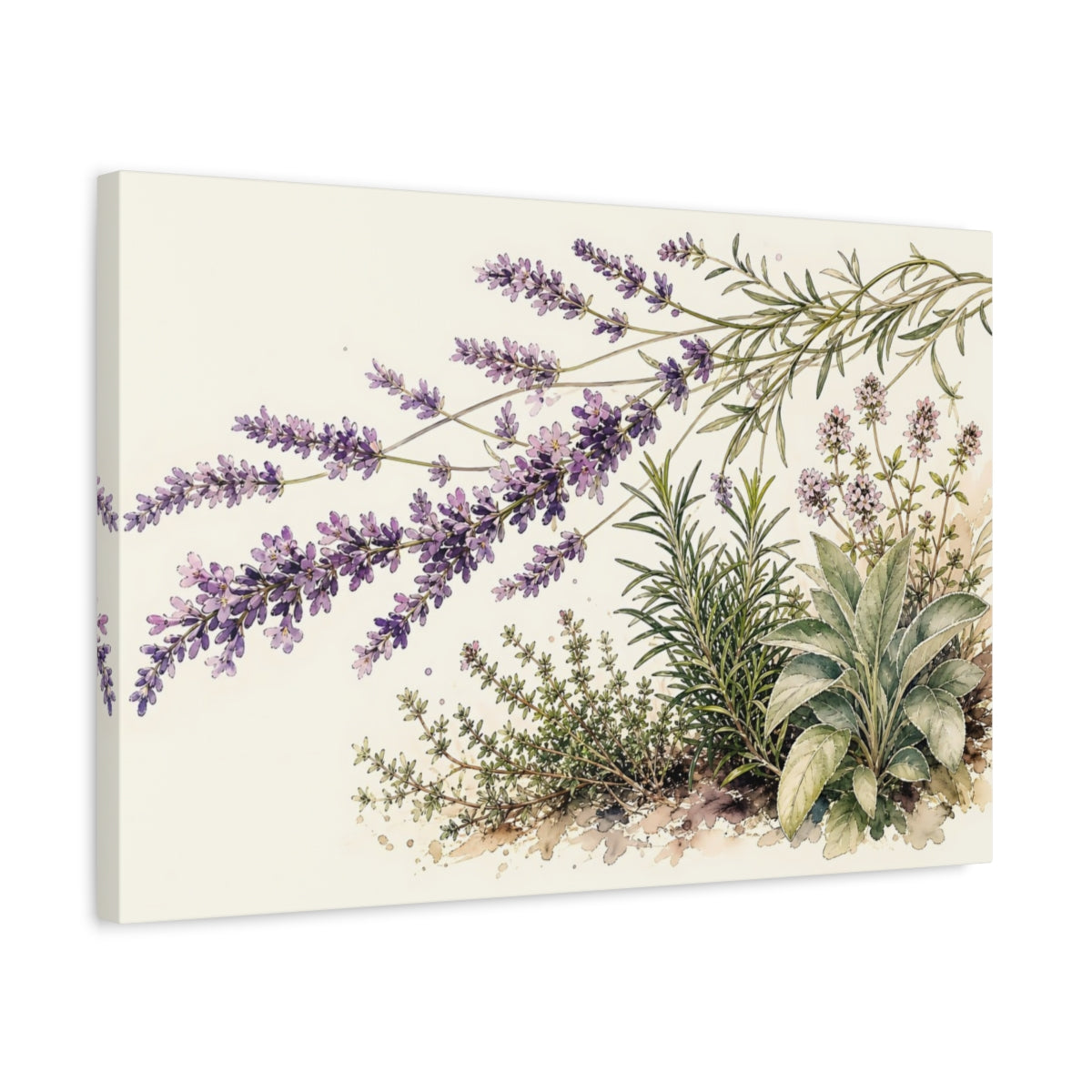 Side Mockup 3. Delicate Ink Contour Drawing Row Of Coral Lavender Beside Herb Garden shown as stretched canvas wall art